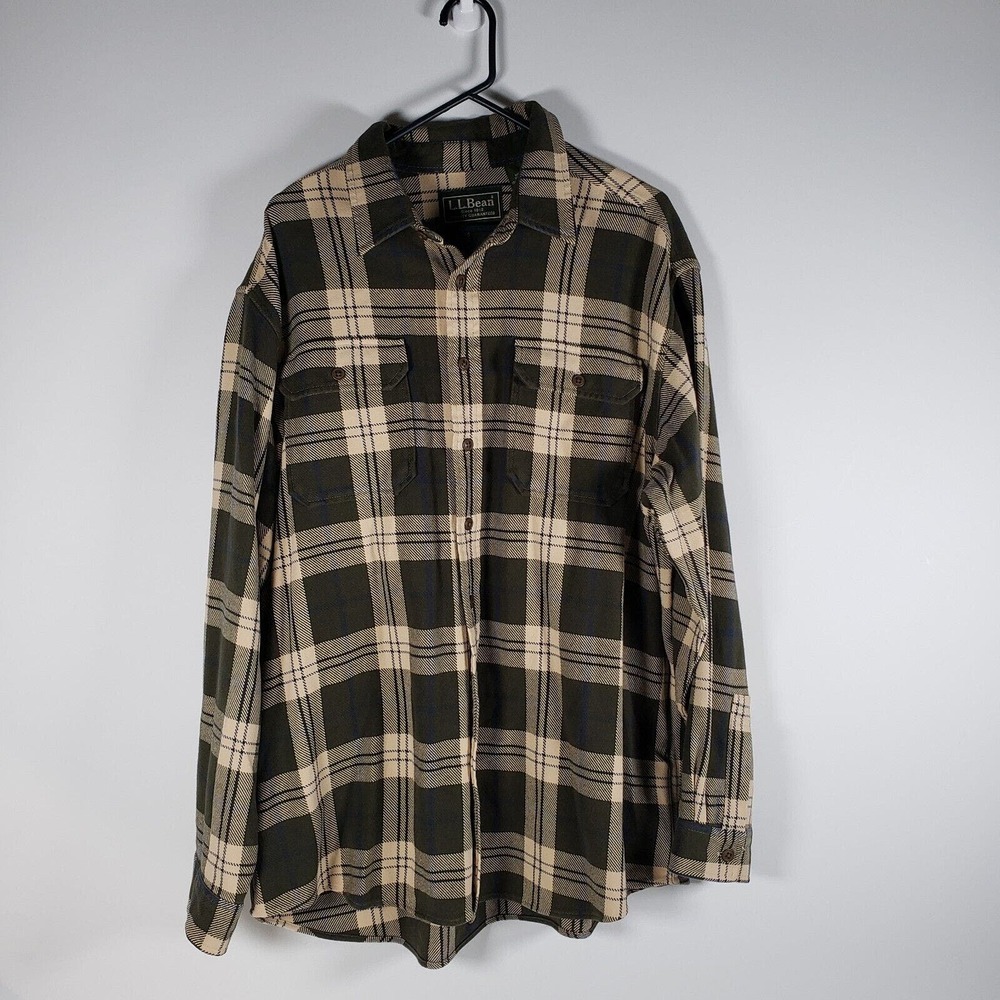 LL Bean Shirt Mens XL Reg Flannel Green Blue Plaid Long Sleeve Button Up